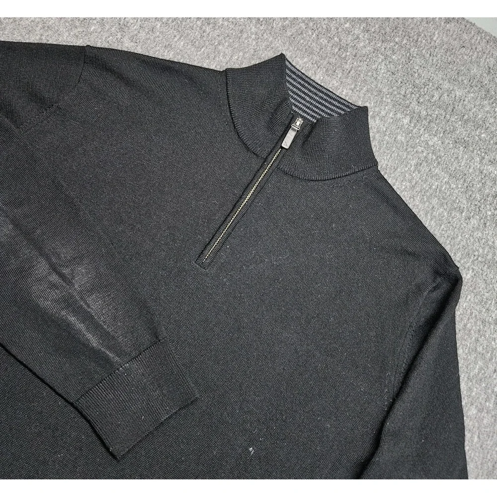UNTUCKit Belguardo Sweater Mens Large Black Stripe Merino Wool Quarter Zip